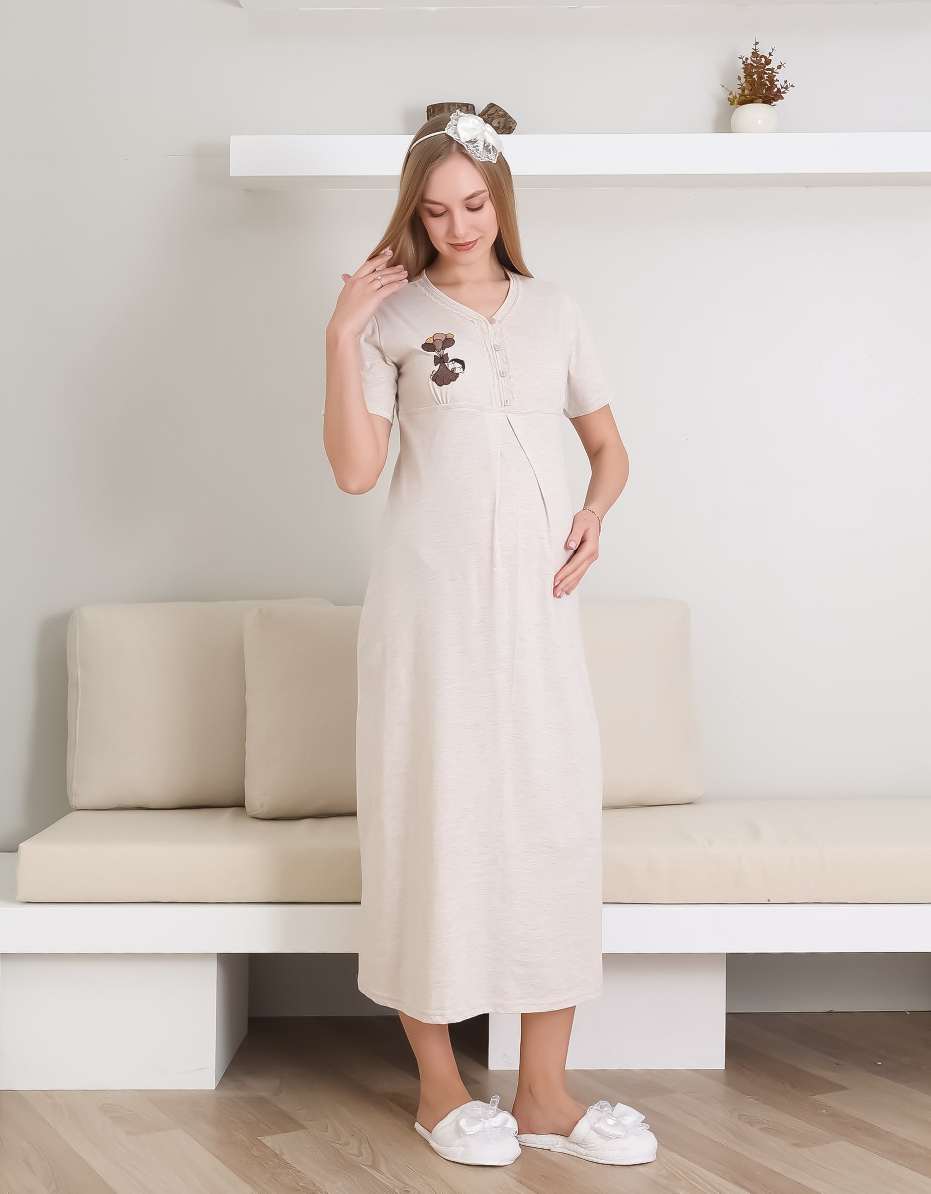 Hamile Gecelik, Pijama ve Sabahlıklı Takım 4'lü Set / Nakışlı Ve Düğmeli Yaka / Pamuklu Penye Kumaş 1172-2289
