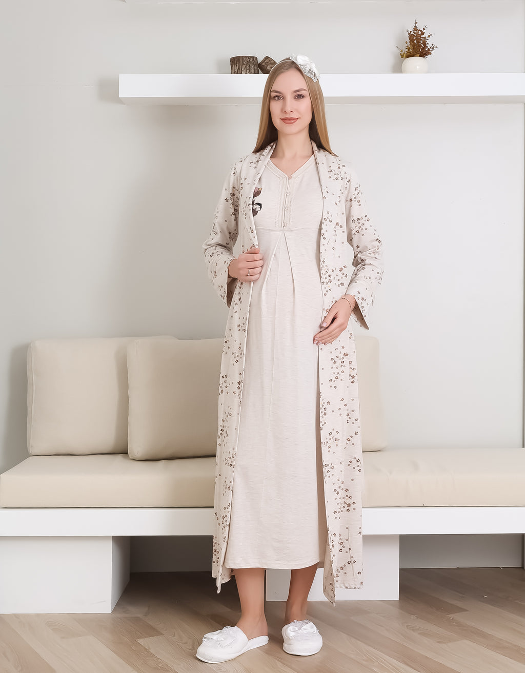 Hamile Gecelik, Pijama ve Sabahlıklı Takım 4'lü Set / Nakışlı Ve Düğmeli Yaka / Pamuklu Penye Kumaş 1172-2289