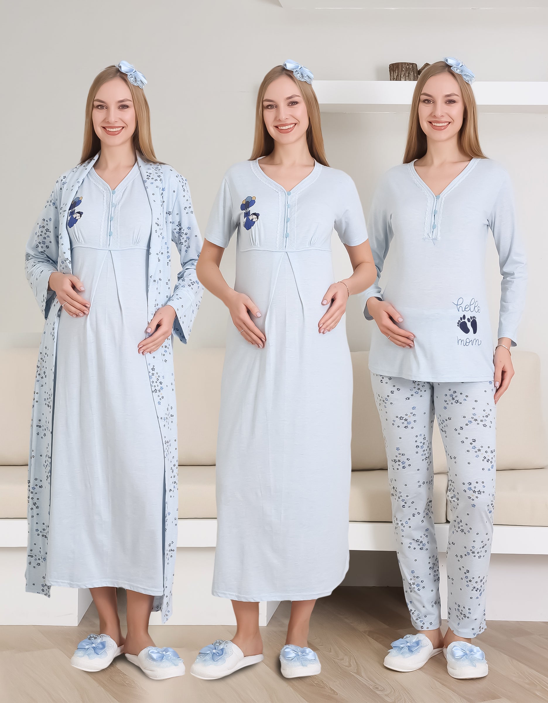Hamile Gecelik, Pijama ve Sabahlıklı Takım 4'lü Set / Nakışlı Ve Düğmeli Yaka / Pamuklu Penye Kumaş 1172-2289