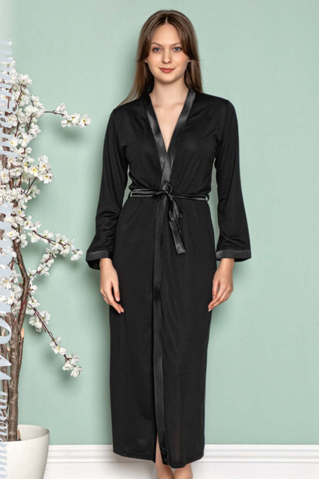 Kadın Sabahlık Kruvaze Yaka Pamuklu, Saten Detaylı ve Bağlamalı 0812