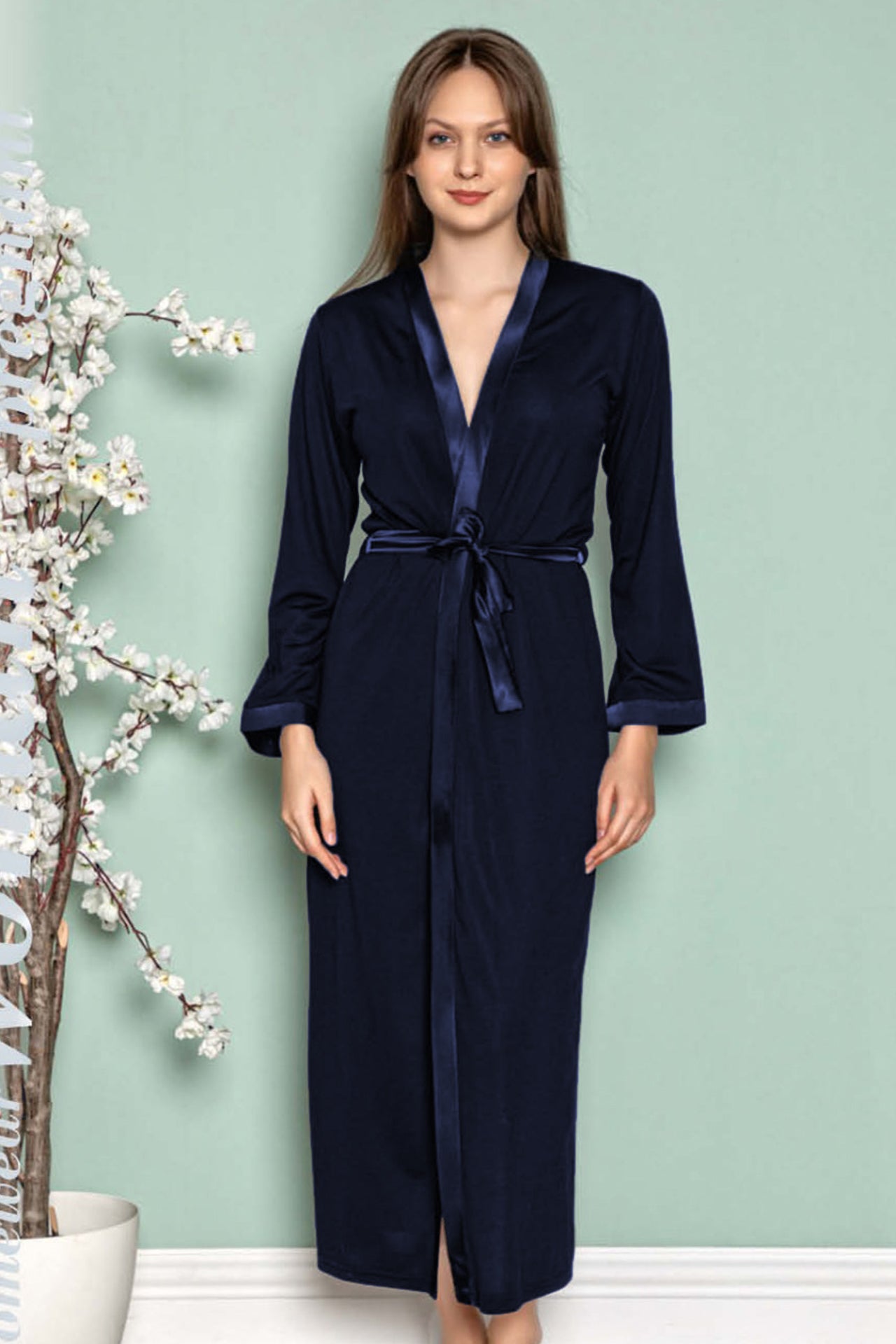 Kadın Sabahlık Kruvaze Yaka Pamuklu, Saten Detaylı ve Bağlamalı 0812