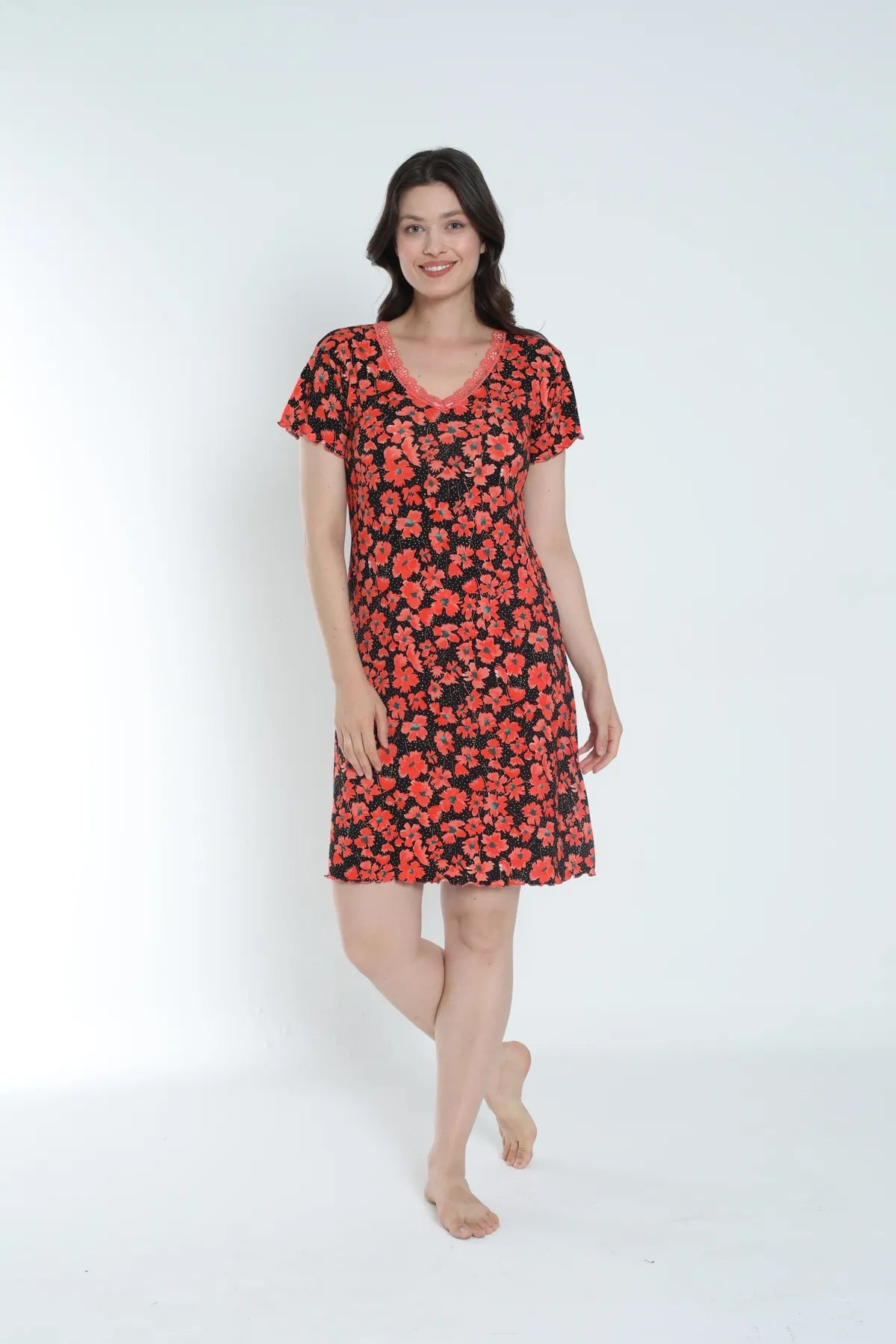 Dantel Detaylı Pamuklu ve Desenli Kadın Gecelik / Geniş Beden Yelpazesi - 1033