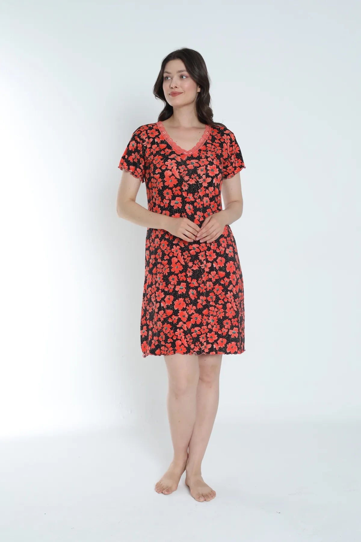 Dantel Detaylı Pamuklu ve Desenli Kadın Gecelik / Geniş Beden Yelpazesi - 1033