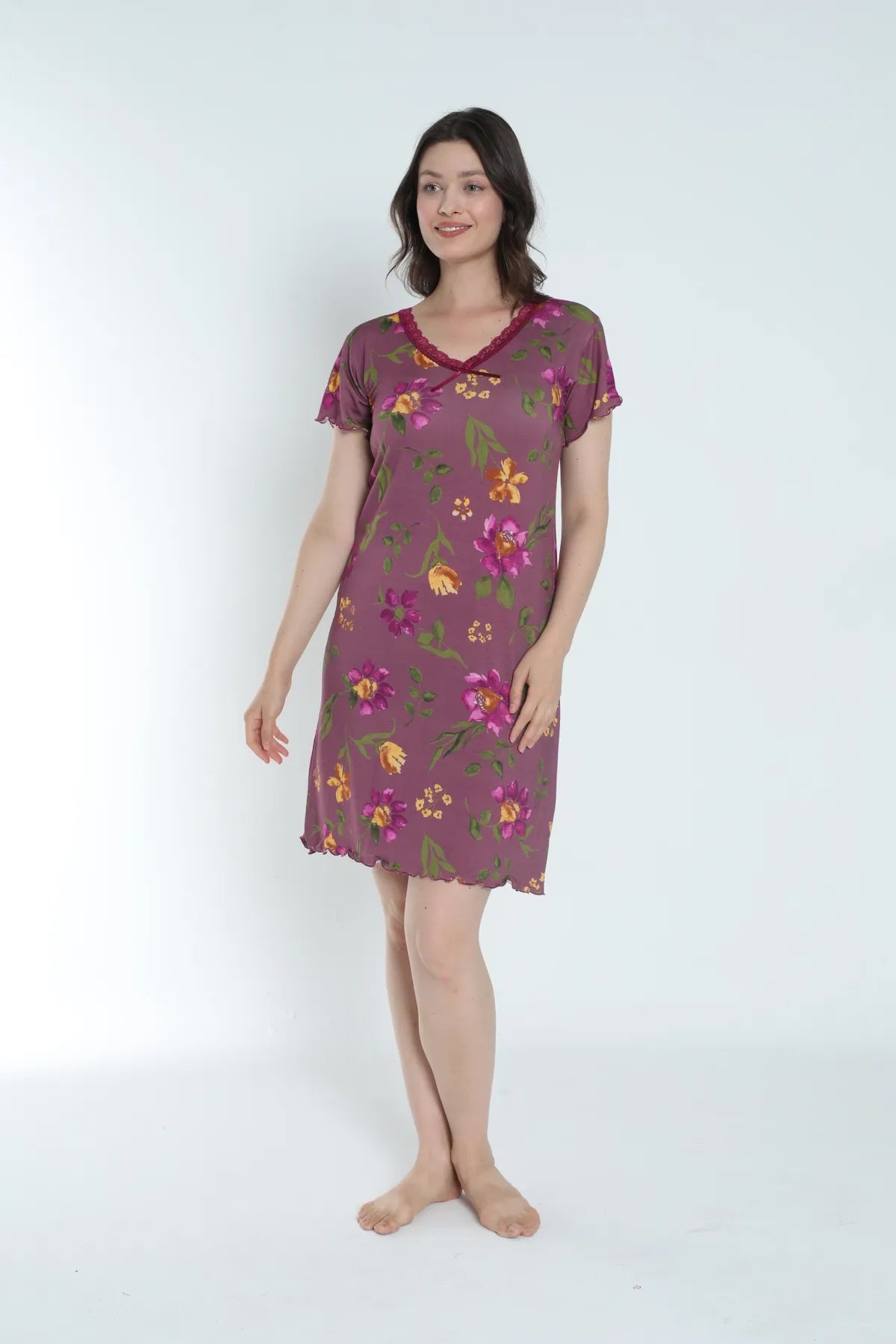 Dantel Detaylı Pamuklu ve Desenli Kadın Gecelik / Geniş Beden Yelpazesi - 1033