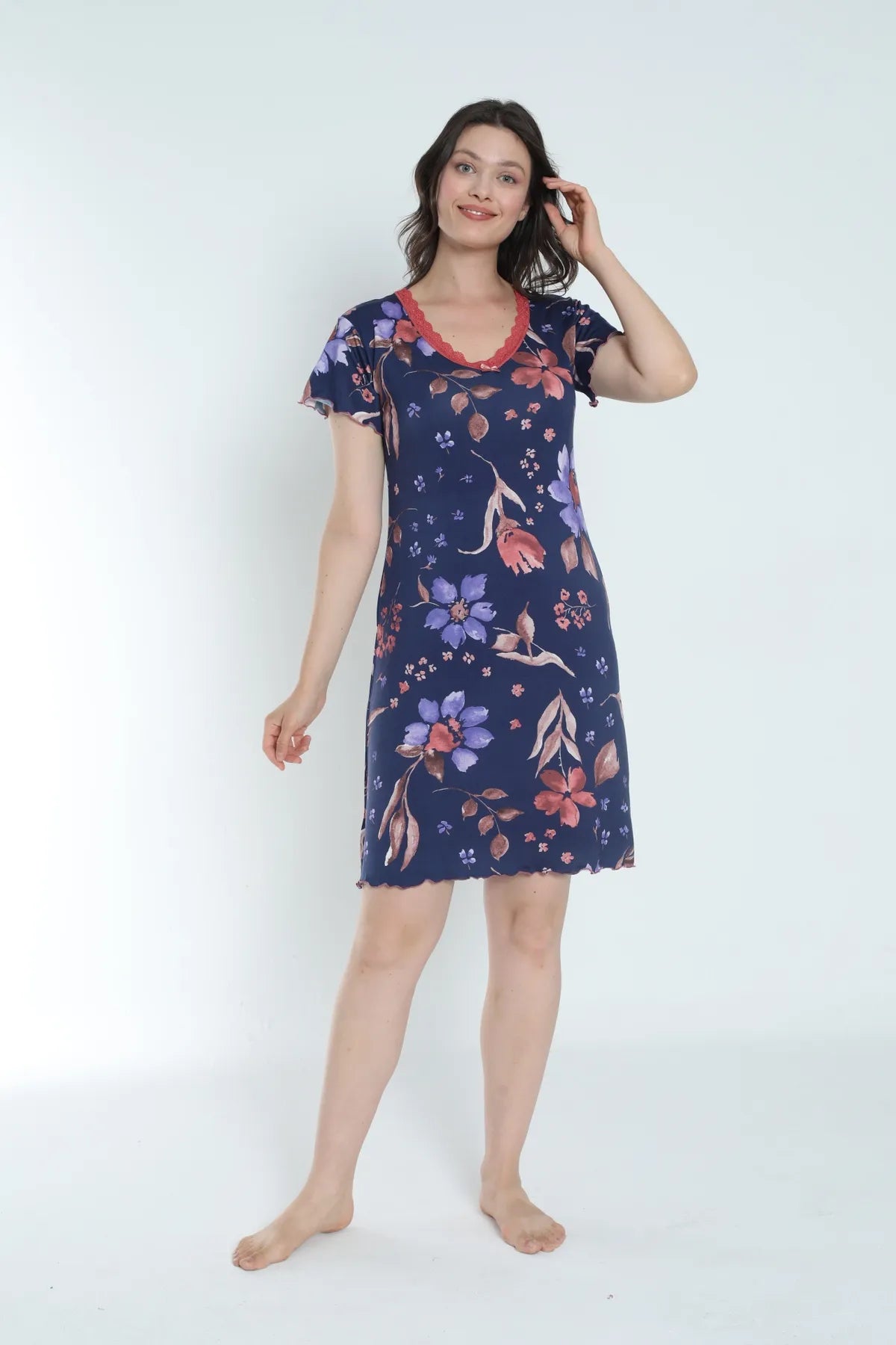 Dantel Detaylı Pamuklu ve Desenli Kadın Gecelik / Geniş Beden Yelpazesi - 1033