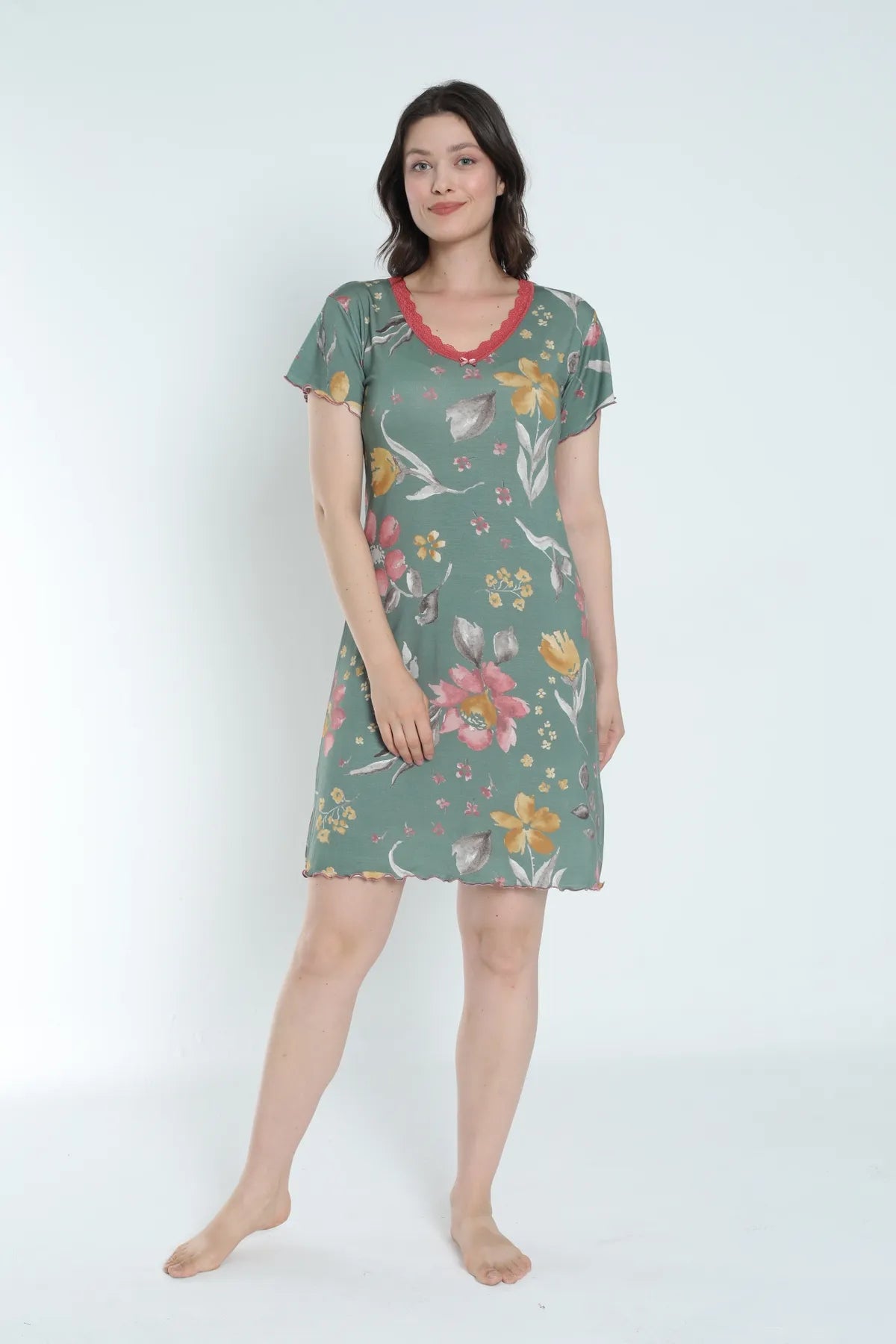 Dantel Detaylı Pamuklu ve Desenli Kadın Gecelik / Geniş Beden Yelpazesi - 1033