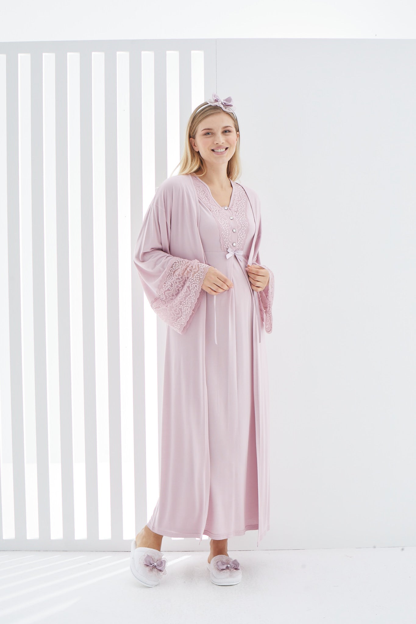 Gecelik ve Sabahlıklı Hamile Takımı/Pamuklu Lohusa Takımı/Kısa Kol Gecelik - 2269