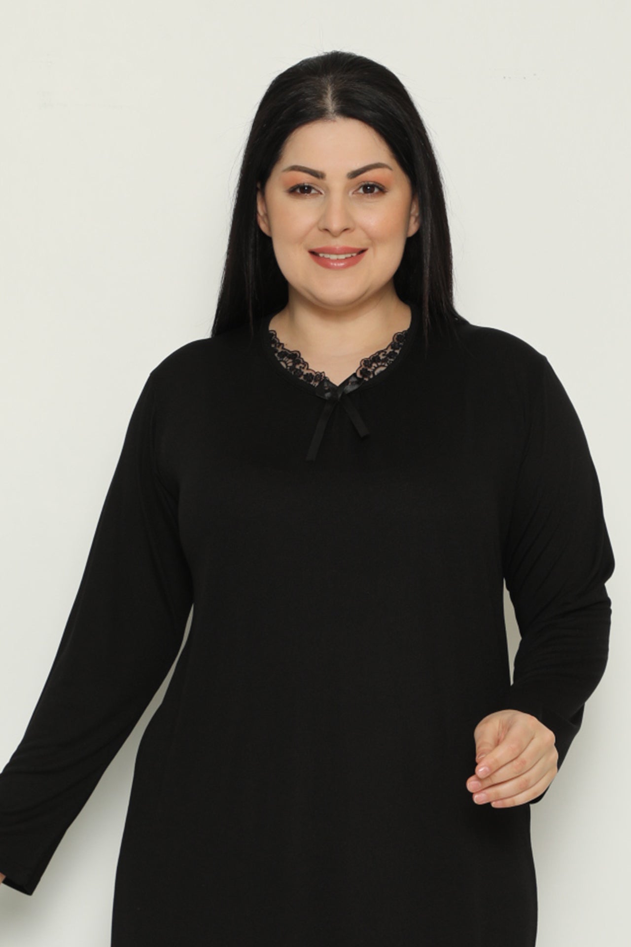 Uzun Kol Dantel Yakalı Anne Geceliği - Pamuklu Esnek Viskon Kumaş - 1011