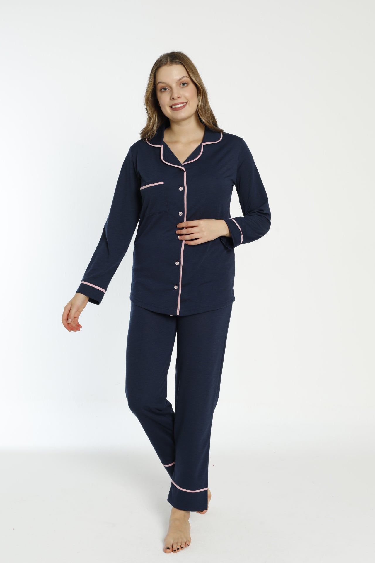 Uzun Kollu Kadın Pijama Takımı - Düğmeli ve Saten Detaylı - 0219