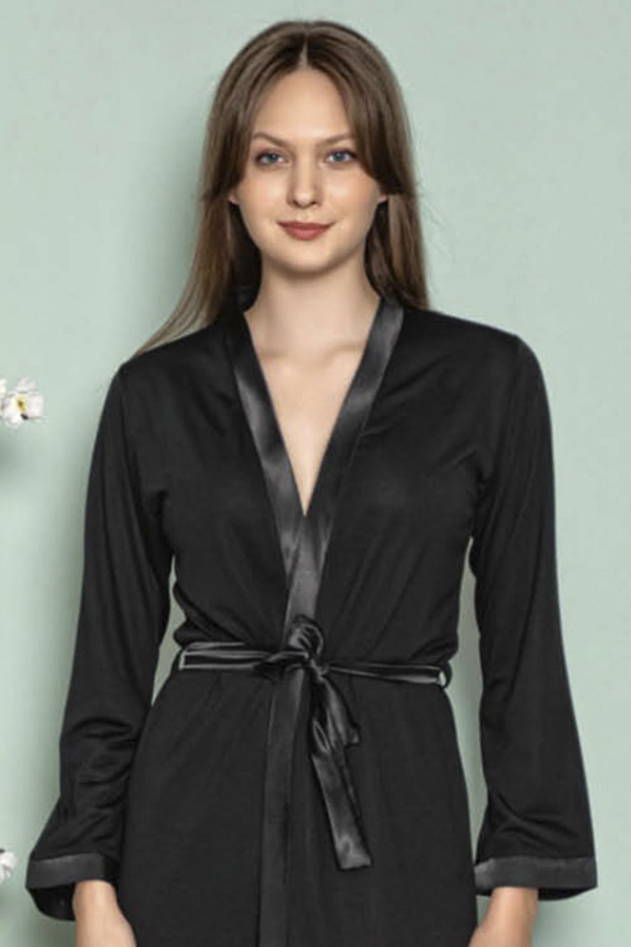 Kadın Sabahlık Kruvaze Yaka Pamuklu, Saten Detaylı ve Bağlamalı 0812