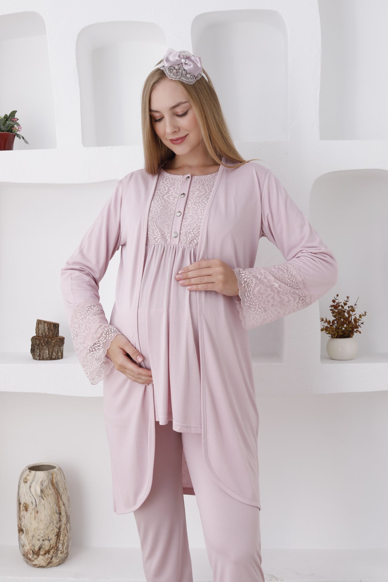 3'lü Hamile Lohusa Pijama Takımı/ Düğmeli Pijama Ve Sabahlıklı Takım - 3427