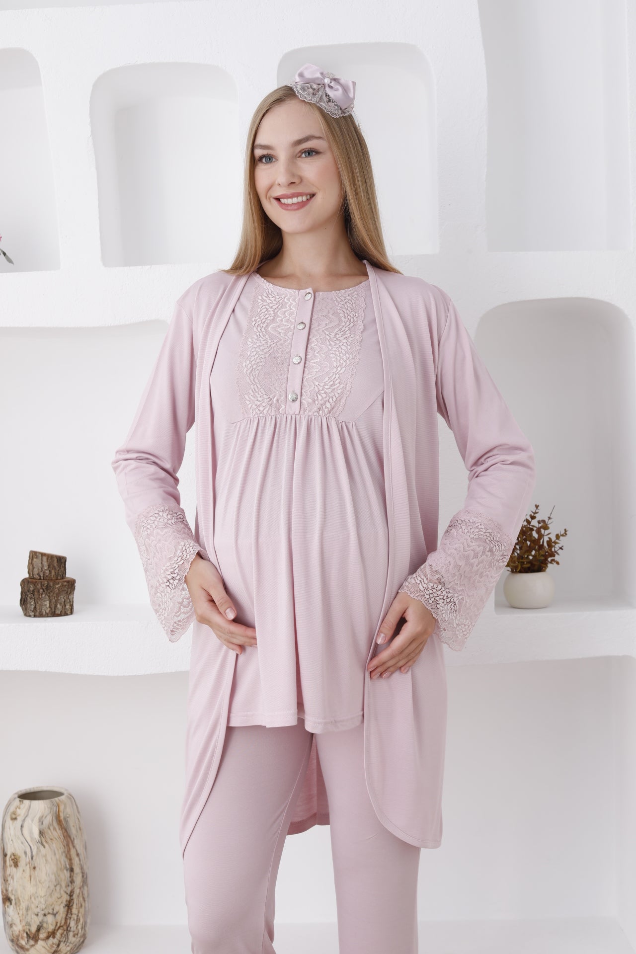 3'lü Hamile Lohusa Pijama Takımı/ Düğmeli Pijama Ve Sabahlıklı Takım - 3427