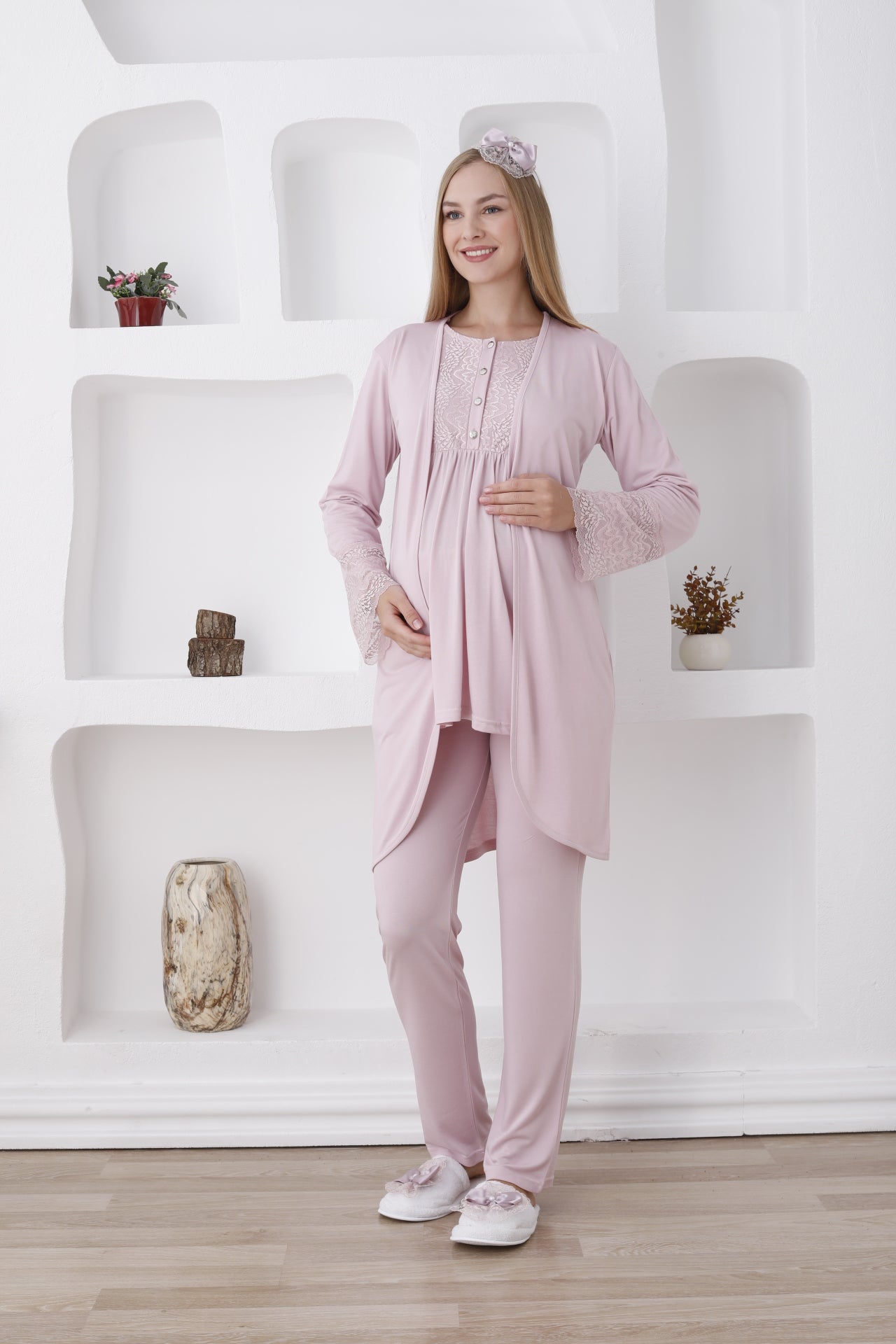 3'lü Hamile Lohusa Pijama Takımı/ Düğmeli Pijama Ve Sabahlıklı Takım - 3427