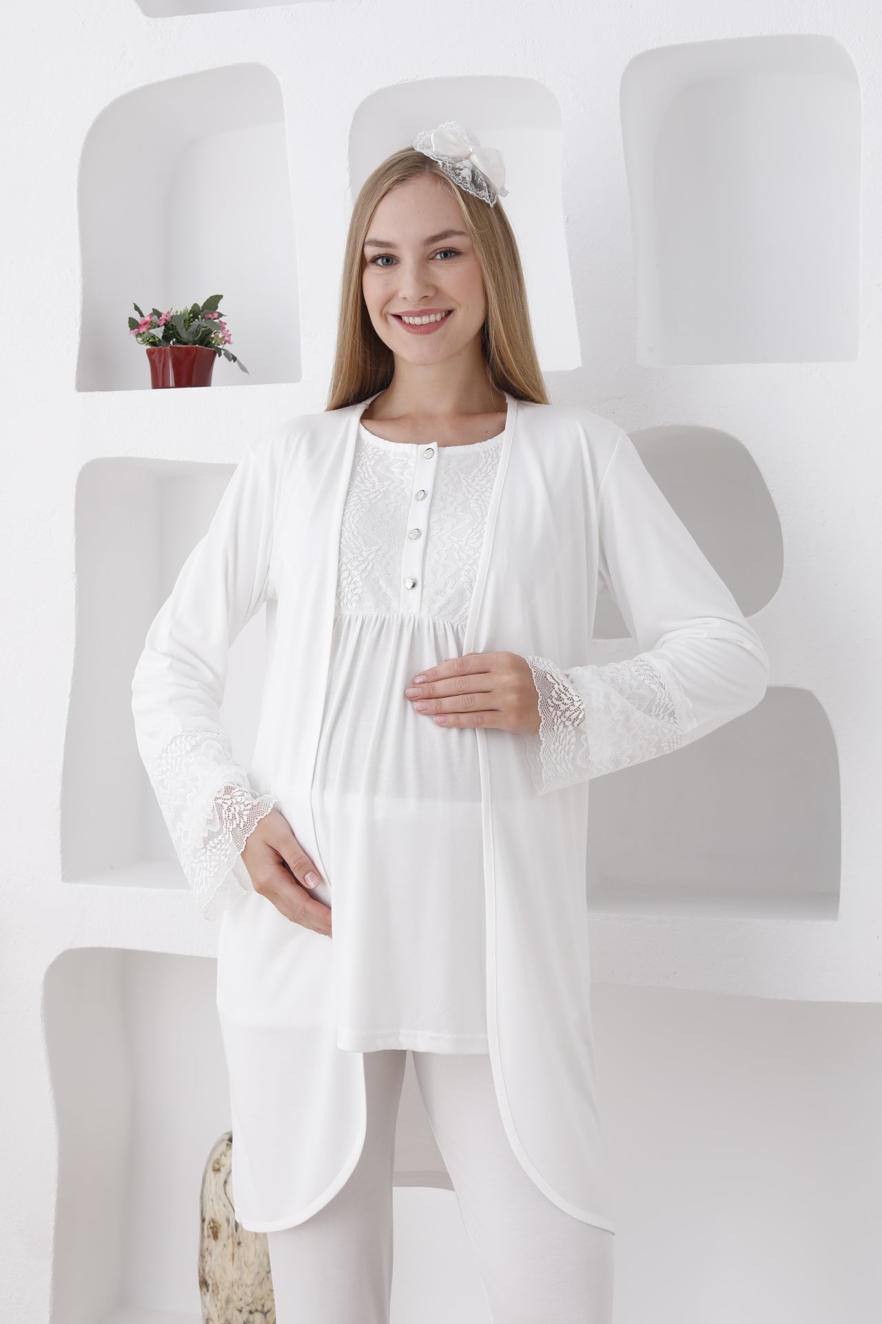 3'lü Hamile Lohusa Pijama Takımı/ Düğmeli Pijama Ve Sabahlıklı Takım - 3427