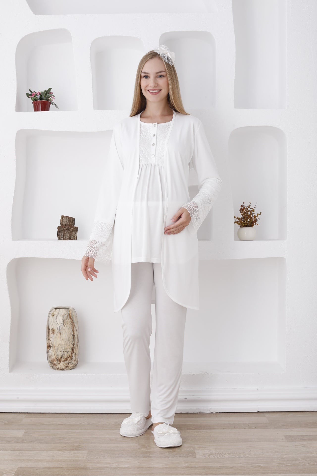 3'lü Hamile Lohusa Pijama Takımı/ Düğmeli Pijama Ve Sabahlıklı Takım - 3427