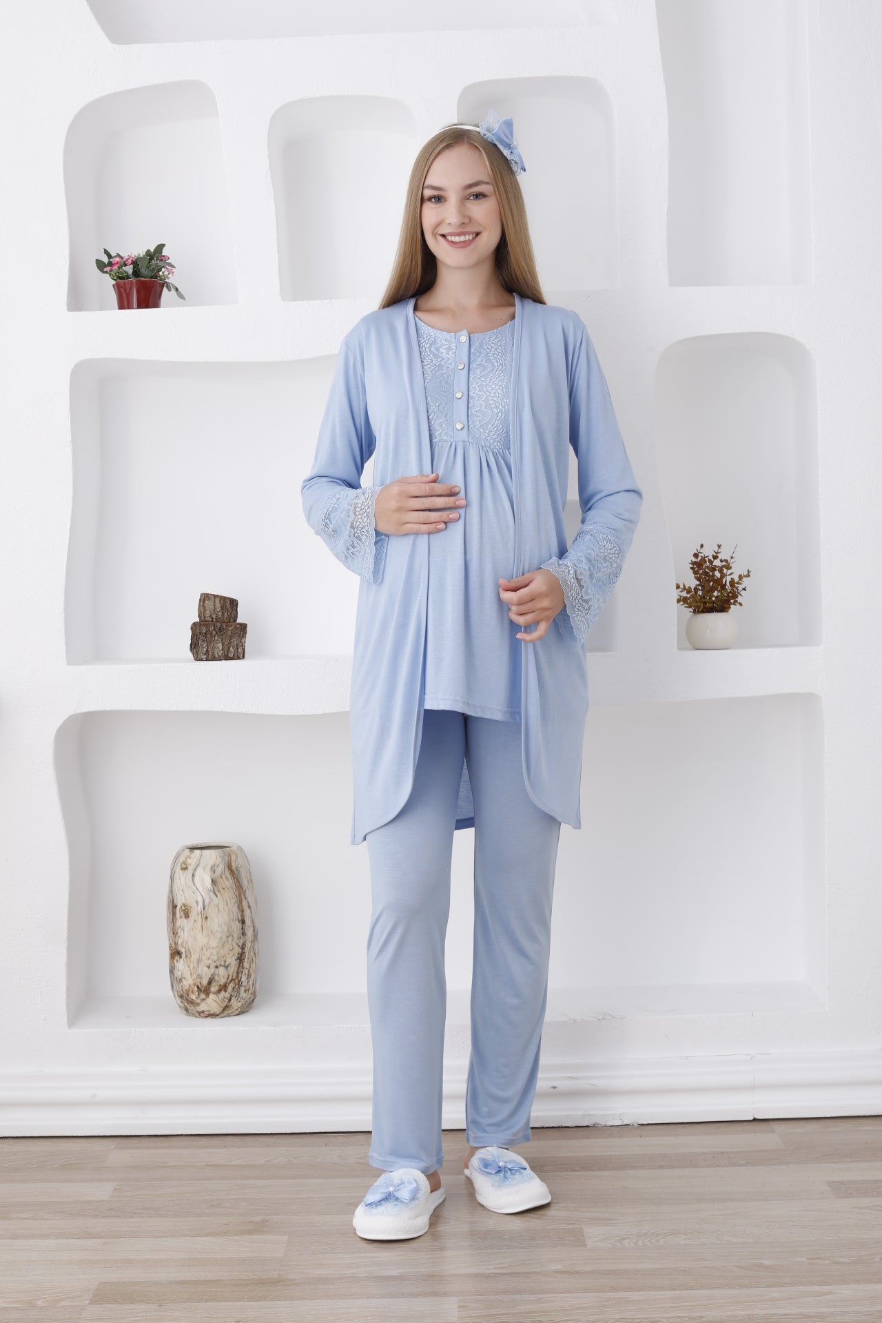 3'lü Hamile Lohusa Pijama Takımı/ Düğmeli Pijama Ve Sabahlıklı Takım - 3427