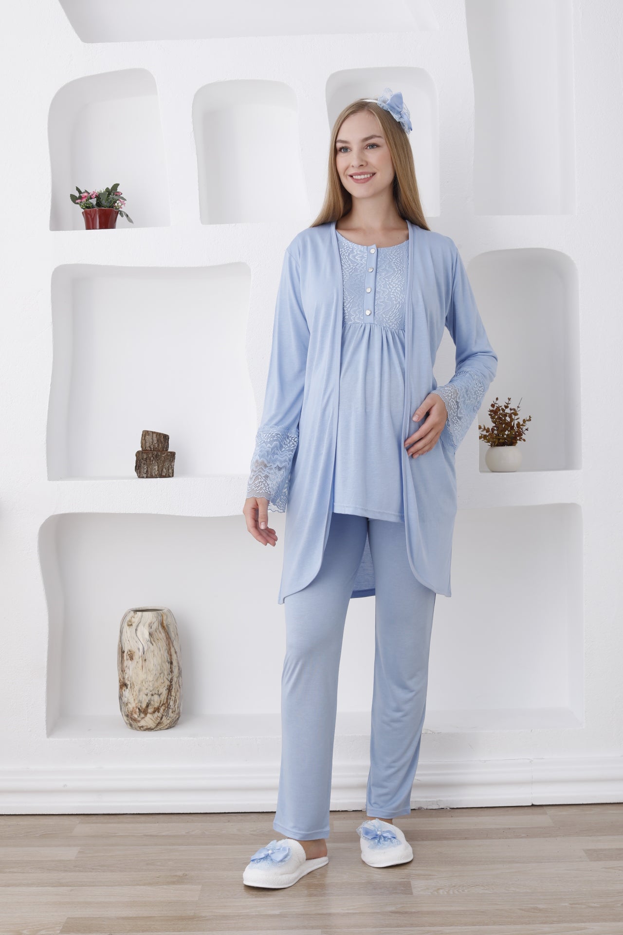 3'lü Hamile Lohusa Pijama Takımı/ Düğmeli Pijama Ve Sabahlıklı Takım - 3427