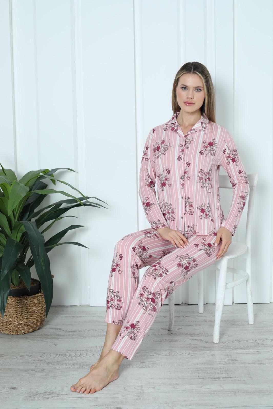 Pamuklu / Uzun Kollu Önü Düğmeli Kadın Pijama Takımı - 0249