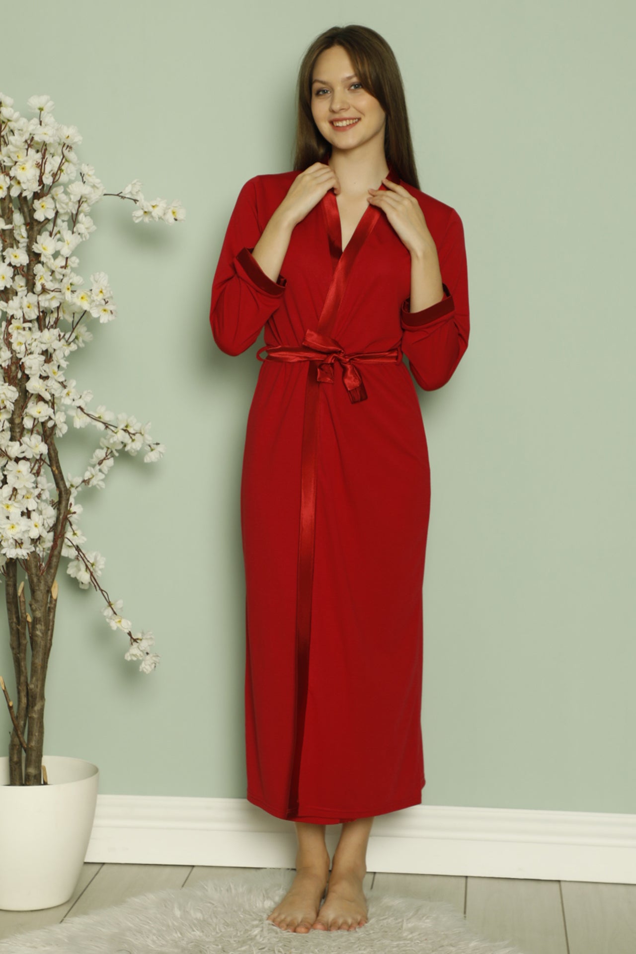 Kadın Sabahlık Kruvaze Yaka Pamuklu, Saten Detaylı ve Bağlamalı 0812