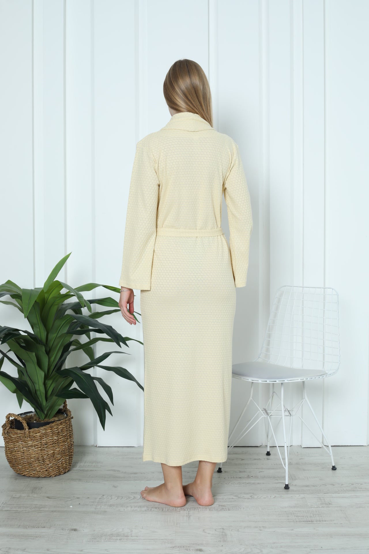 Kadın Sabahlık Pamuklu - Jakarlı Şal Yaka - Sarı/Yeşil 0819