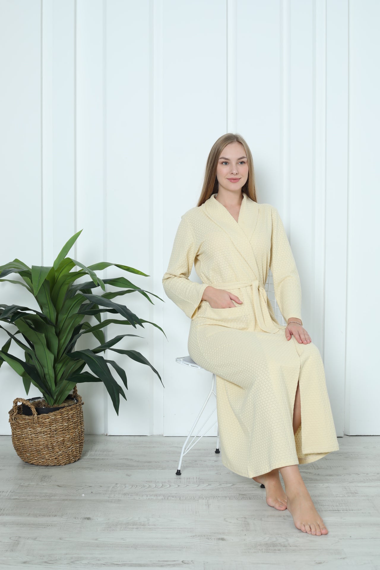 Kadın Sabahlık Pamuklu - Jakarlı Şal Yaka - Sarı/Yeşil 0819