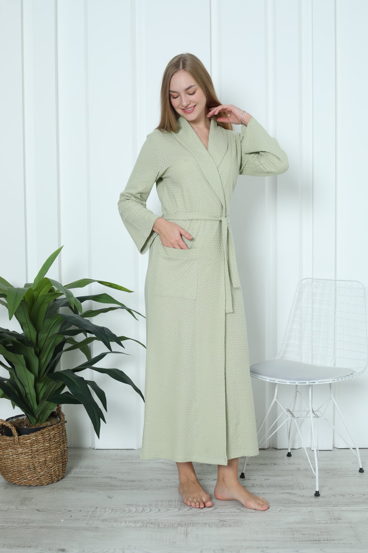 Kadın Sabahlık Pamuklu - Jakarlı Şal Yaka - Sarı/Yeşil 0819