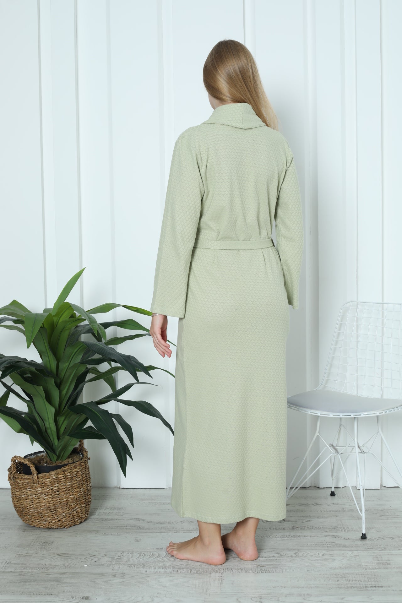 Kadın Sabahlık Pamuklu - Jakarlı Şal Yaka - Sarı/Yeşil 0819