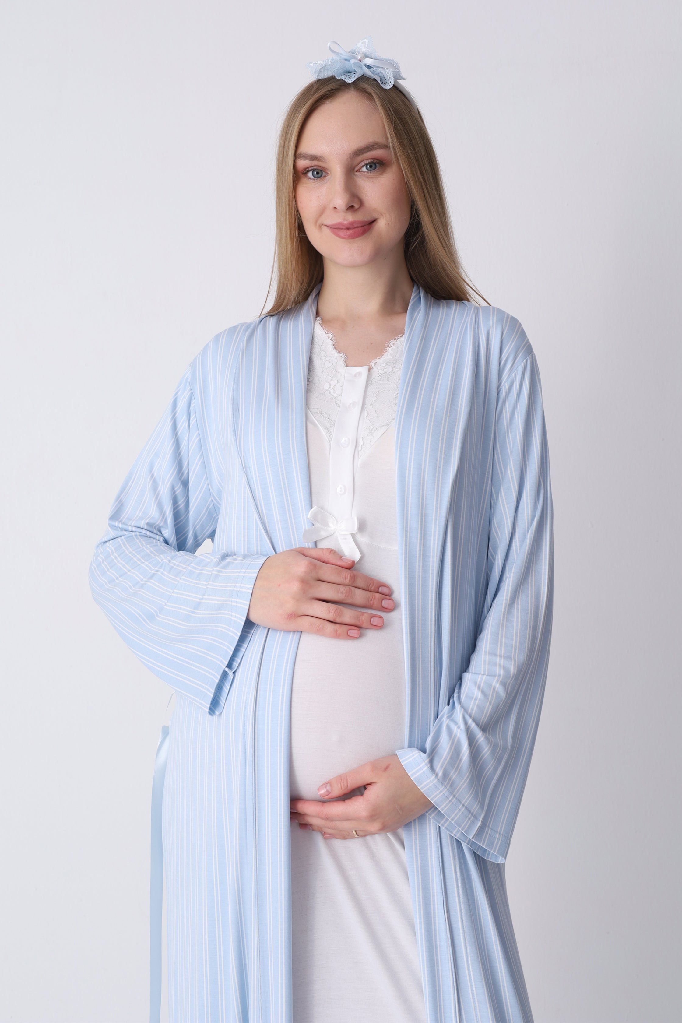 Hamile lohusa gecelik ve sabahlık takımı çizgili dantelli kısa kol pamuklu 4