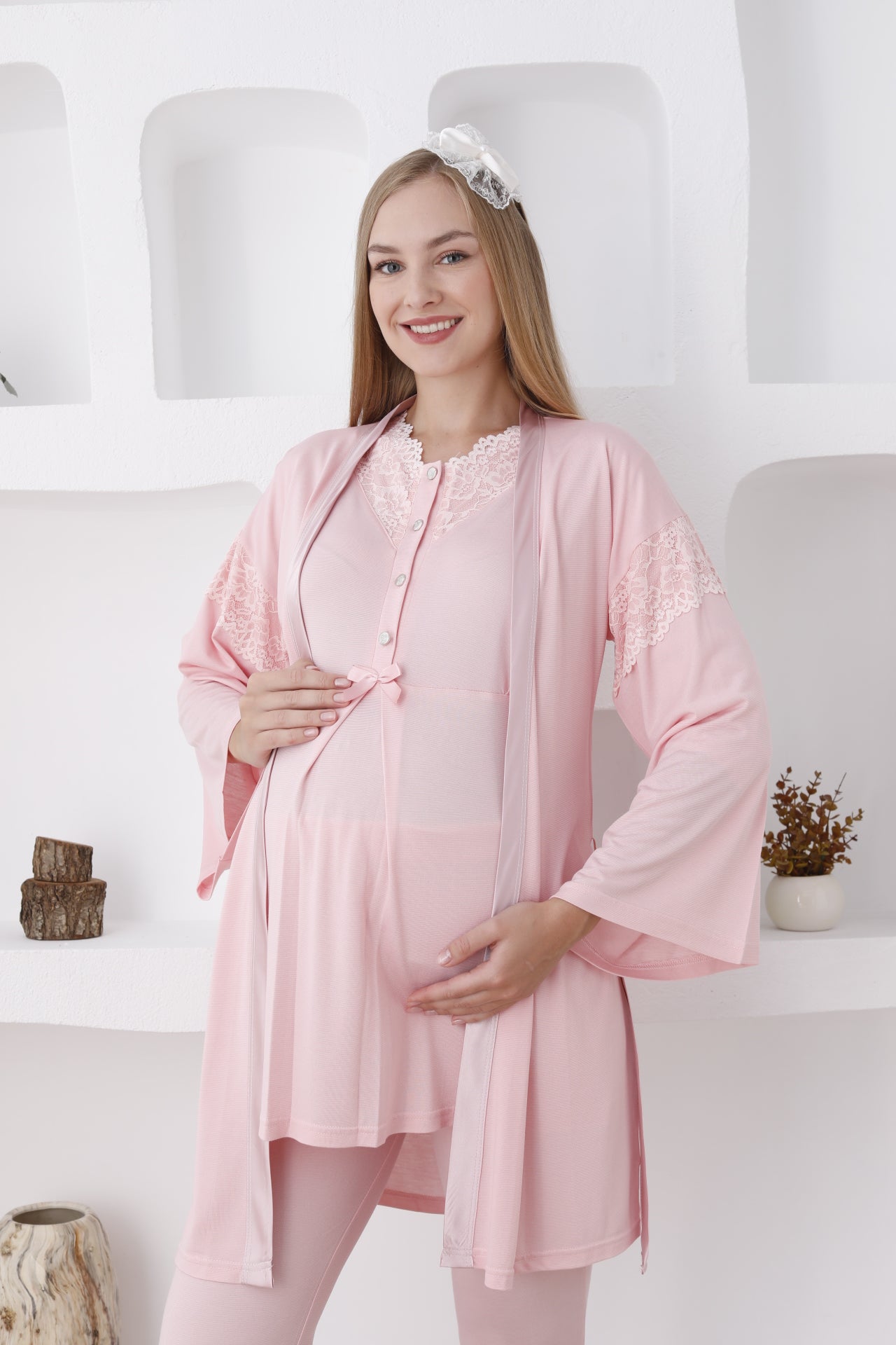 Hamile Giyim / Düğmeli Ve Uzun Kollu Pijama Ve Sabahlıklı Takım - 3420