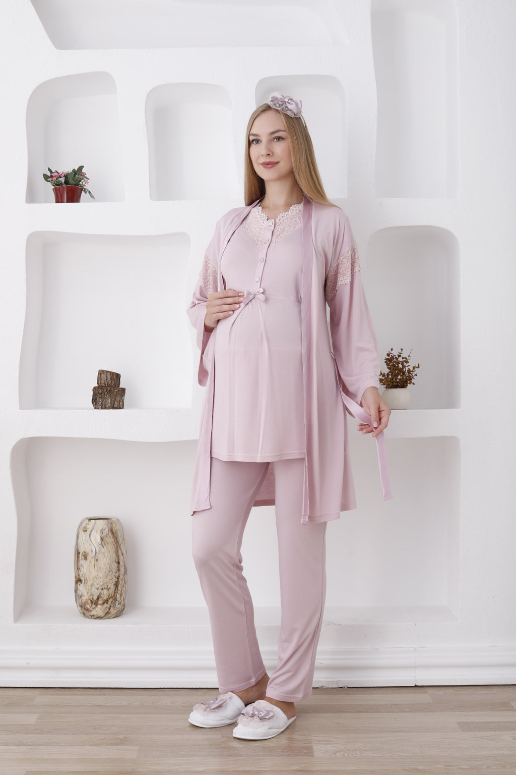Hamile Giyim / Düğmeli Ve Uzun Kollu Pijama Ve Sabahlıklı Takım - 3420