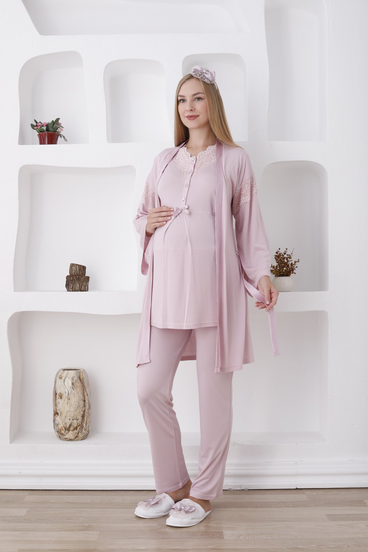 Hamile Giyim / Düğmeli Ve Uzun Kollu Pijama Ve Sabahlıklı Takım - 3420