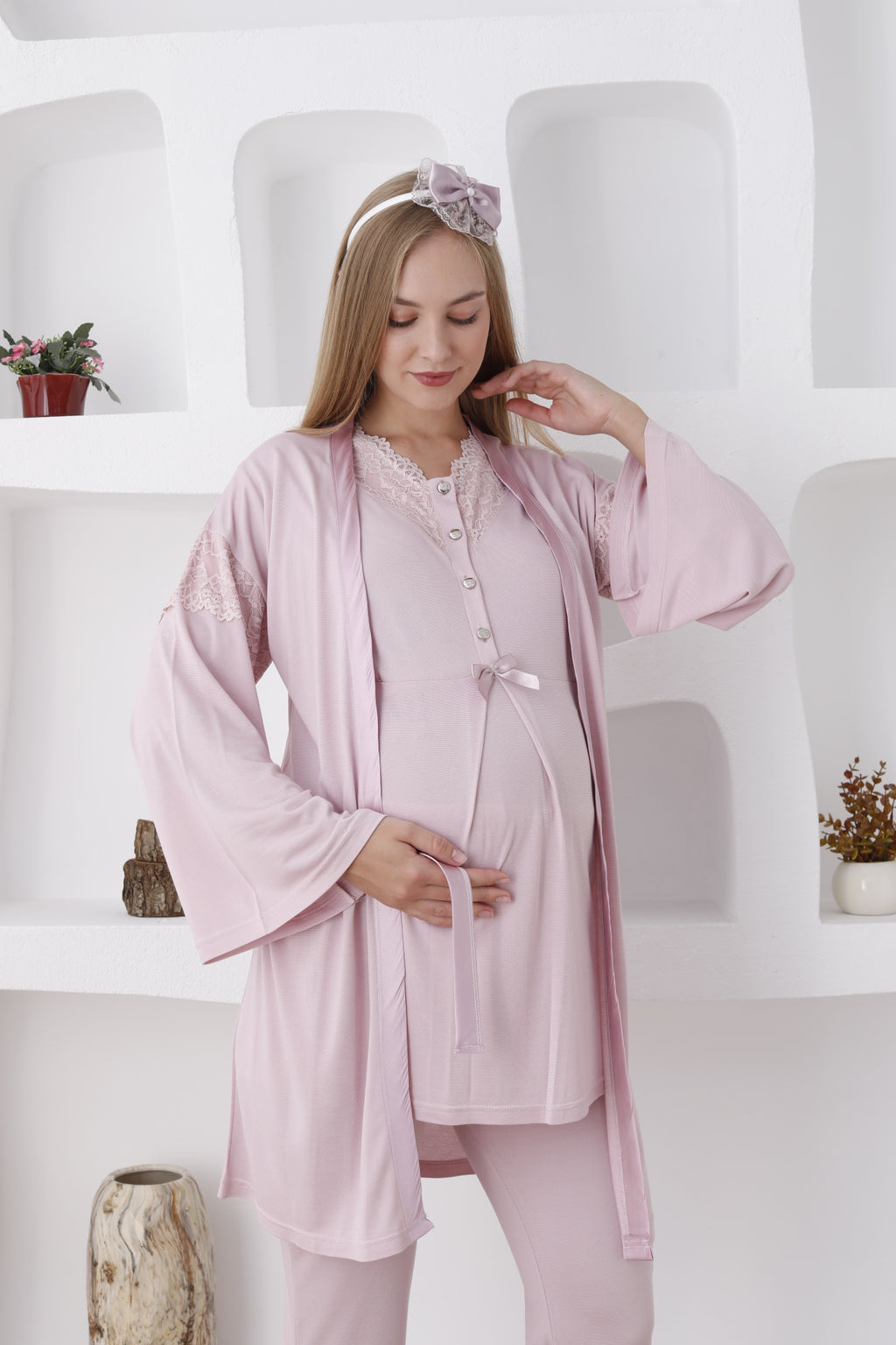 Hamile Giyim / Düğmeli Ve Uzun Kollu Pijama Ve Sabahlıklı Takım - 3420