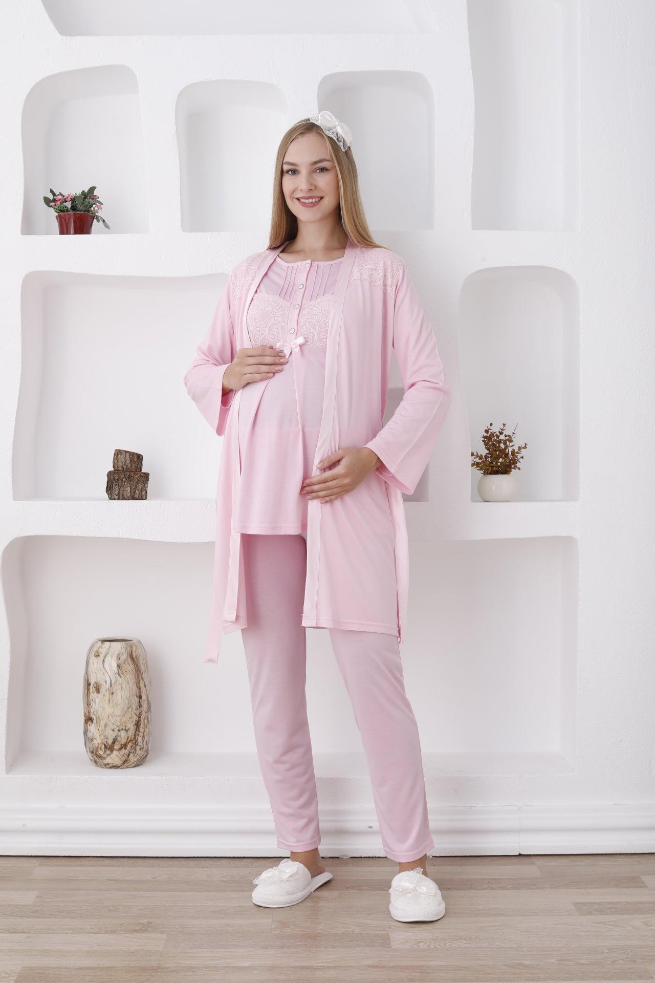 Hamile lohusa pijama ve sabahlık takımı uzun kol düğmeli kemerli 17