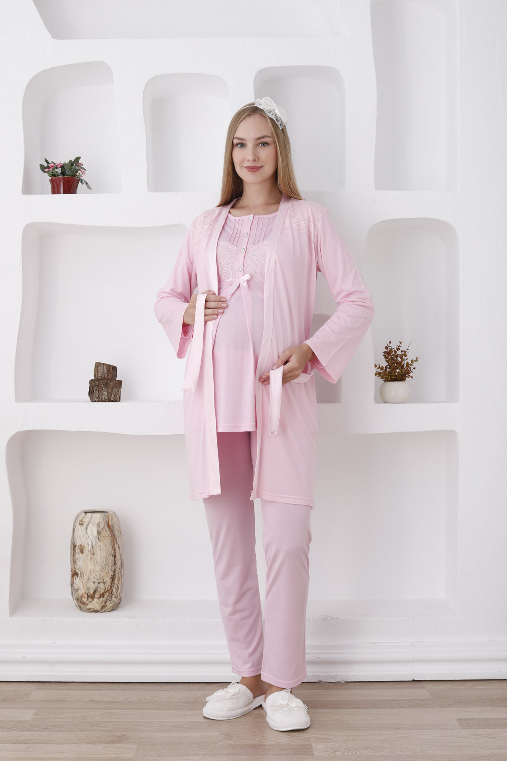 Düğmeli ve Kemerli / Uzun Kollu, Hamile Pijama ve Sabahlıklı Takım - 3423