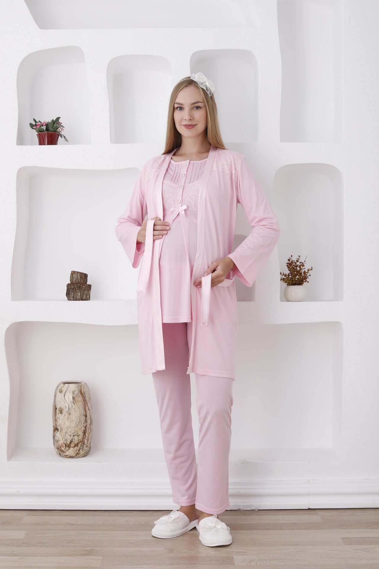 Düğmeli ve Kemerli / Uzun Kollu, Hamile Pijama ve Sabahlıklı Takım - 3423