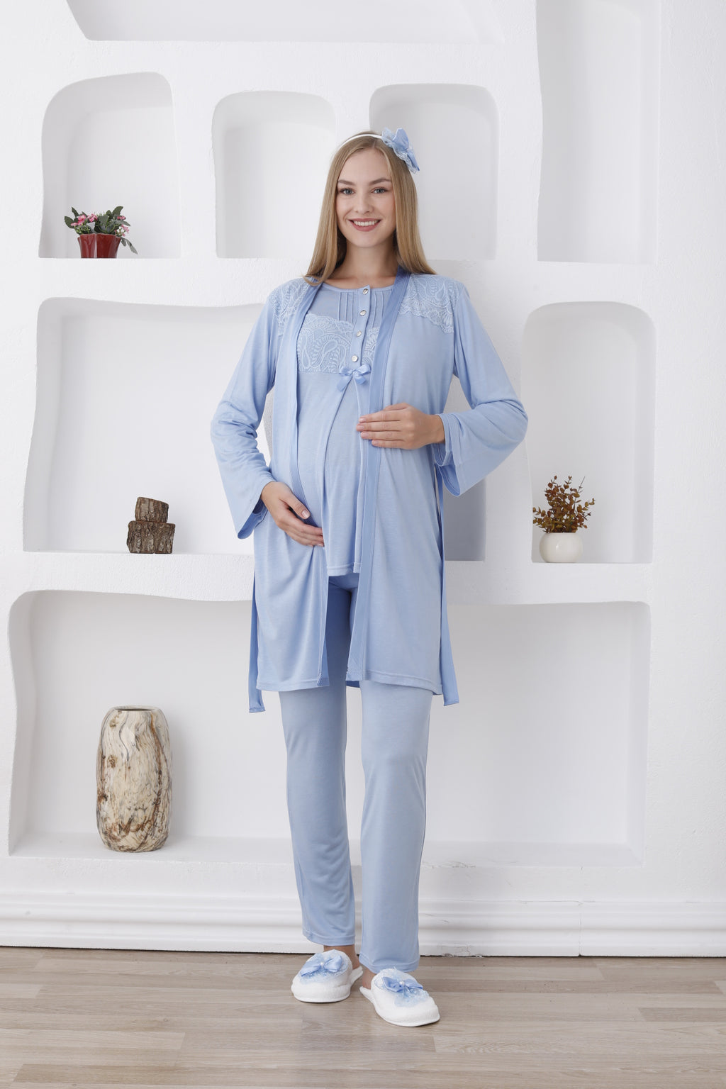 Düğmeli ve Kemerli / Uzun Kollu, Hamile Pijama ve Sabahlıklı Takım - 3423