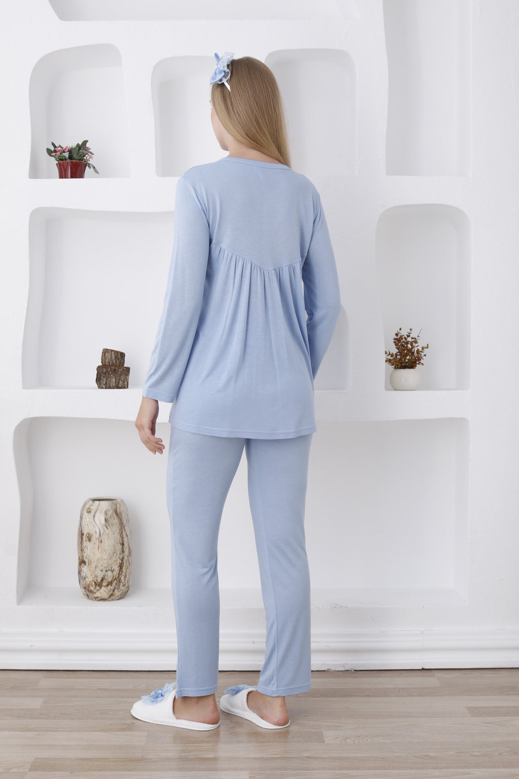Uzun Kol ve Düğmeli Lohusa Pijama Takımı/3lü Hamile Pijama ve Sabahlıklı Takım - 3424
