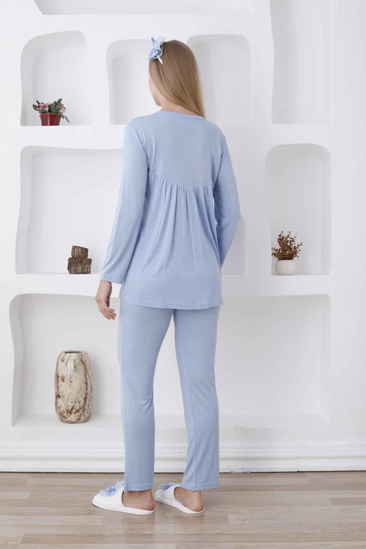 Hamile lohusa pijama ve sabahlık takımı uzun kol önden düğmeli 3'lü 11