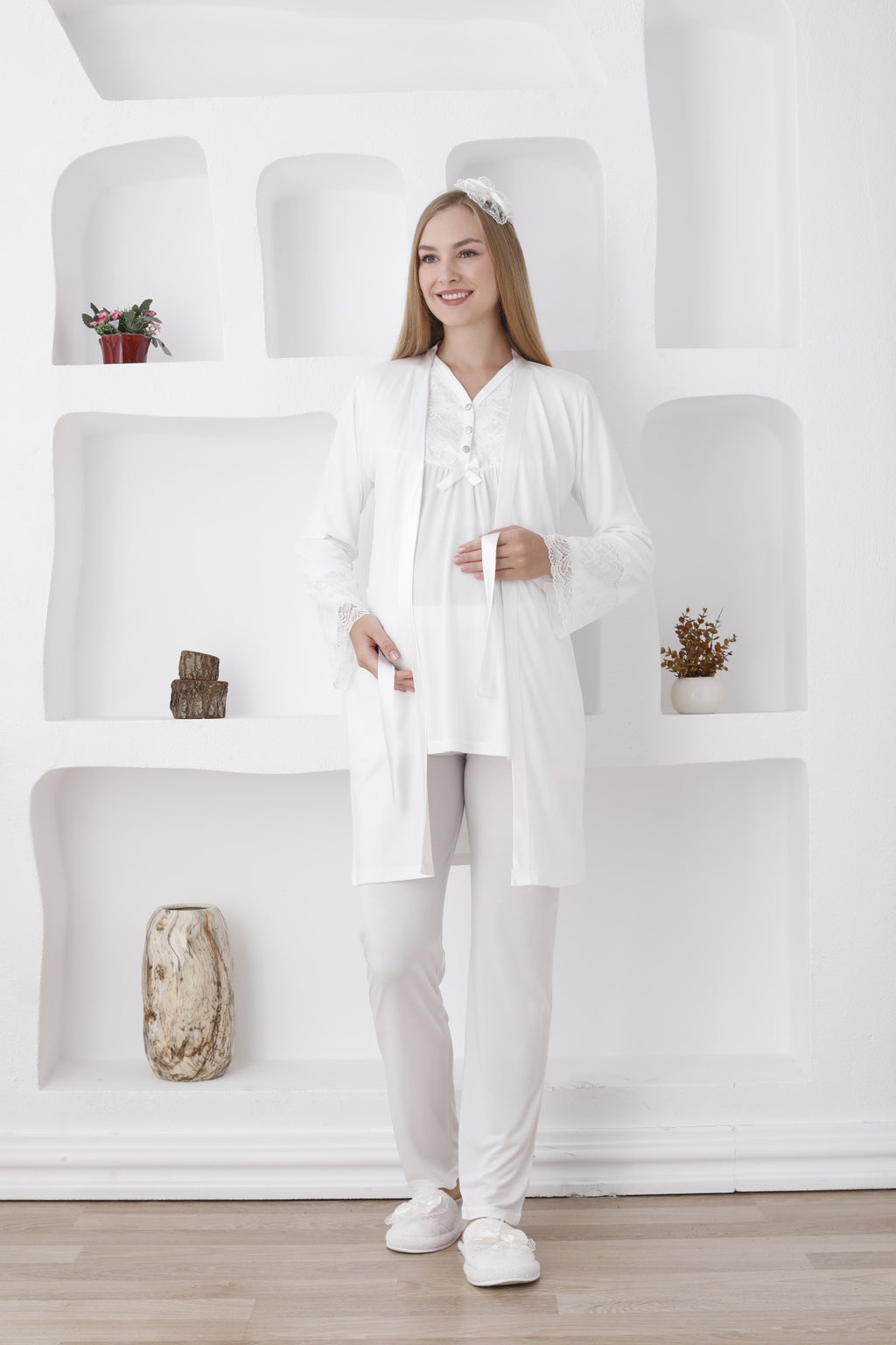 Uzun Kol ve Düğmeli Lohusa Pijama Takımı/3lü Hamile Pijama ve Sabahlıklı Takım - 3424