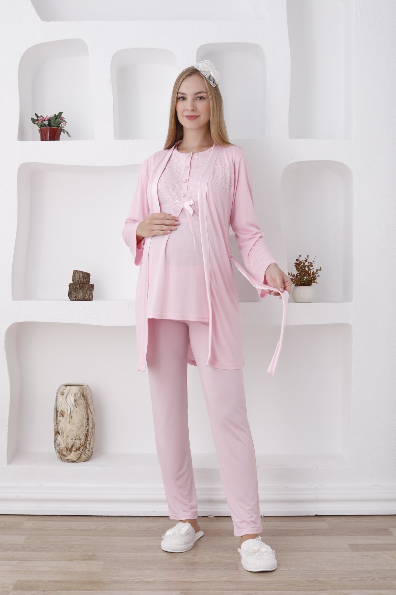 Hamile lohusa pijama ve sabahlık takımı uzun kol 3'lü 14