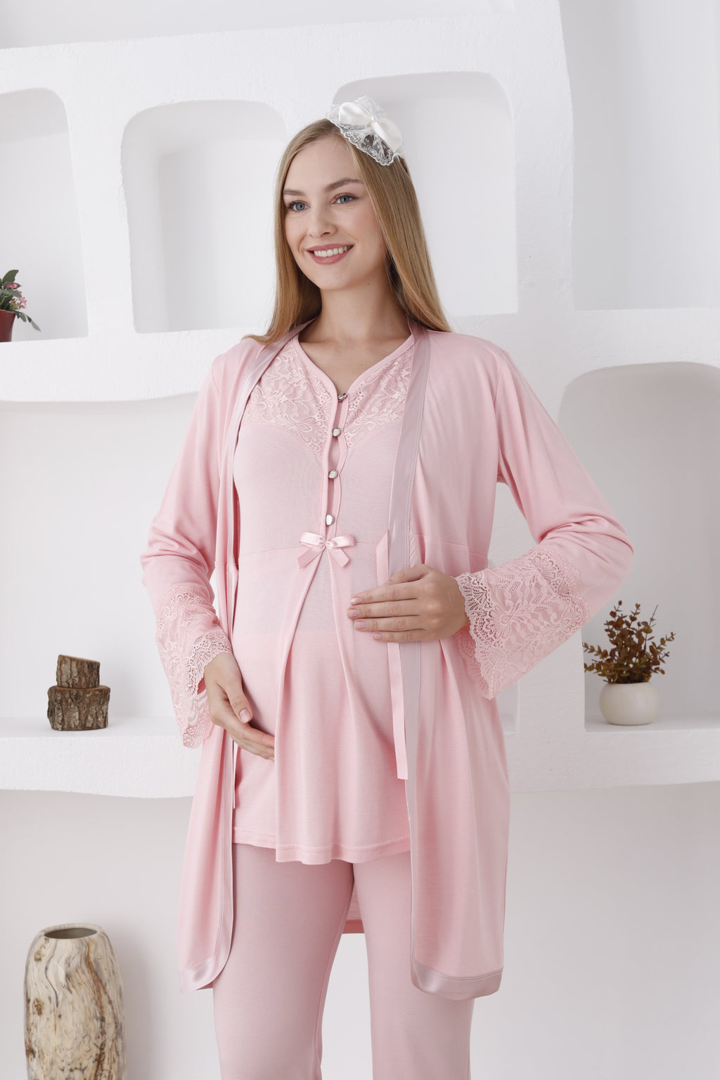 Uzun Kollu 7 Renk Hamile Pijama ve Sabahlık Takımı Dantelli - 3426