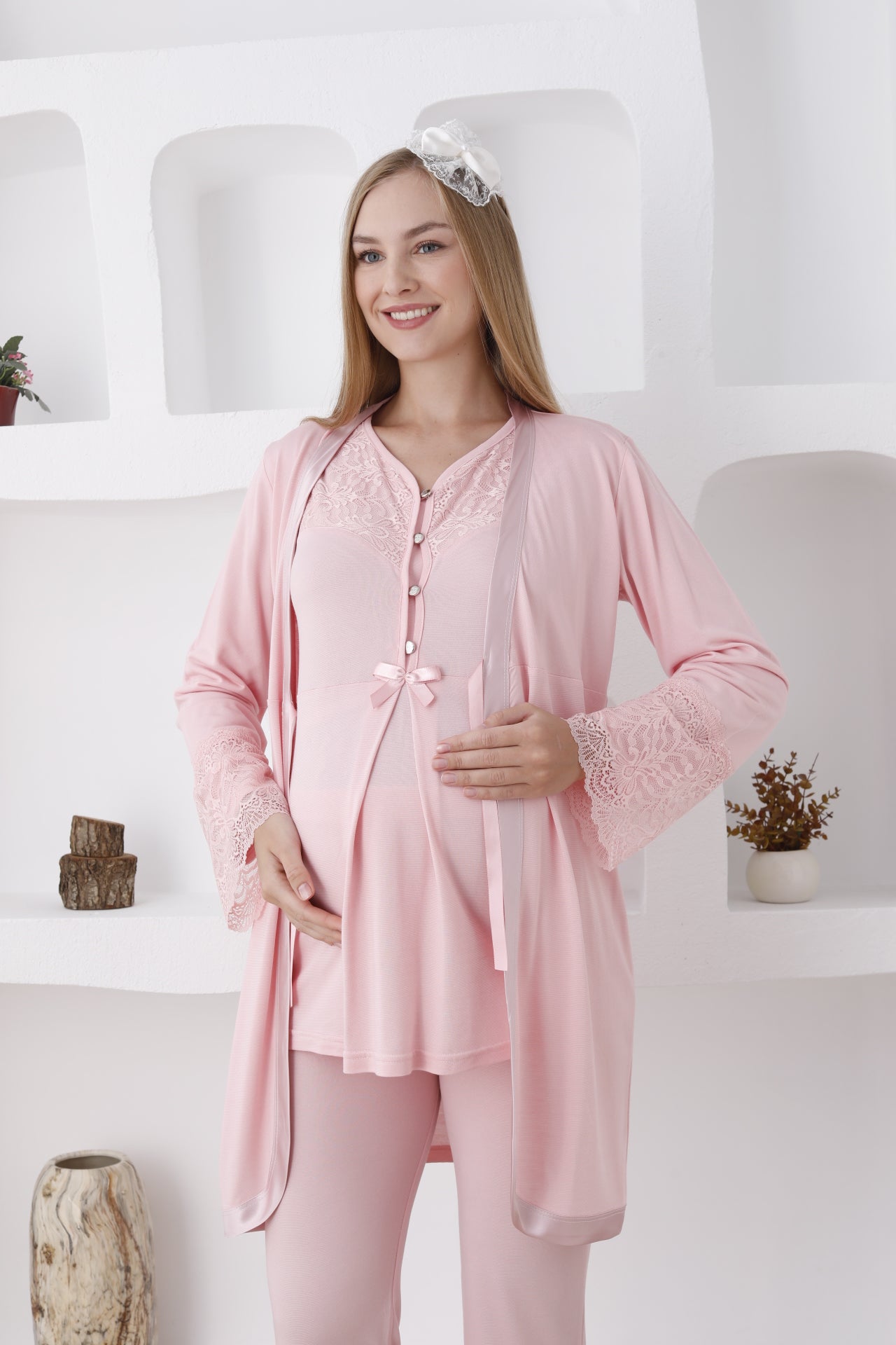 Hamile lohusa pijama ve sabahlık takımı uzun kol dantelli 10