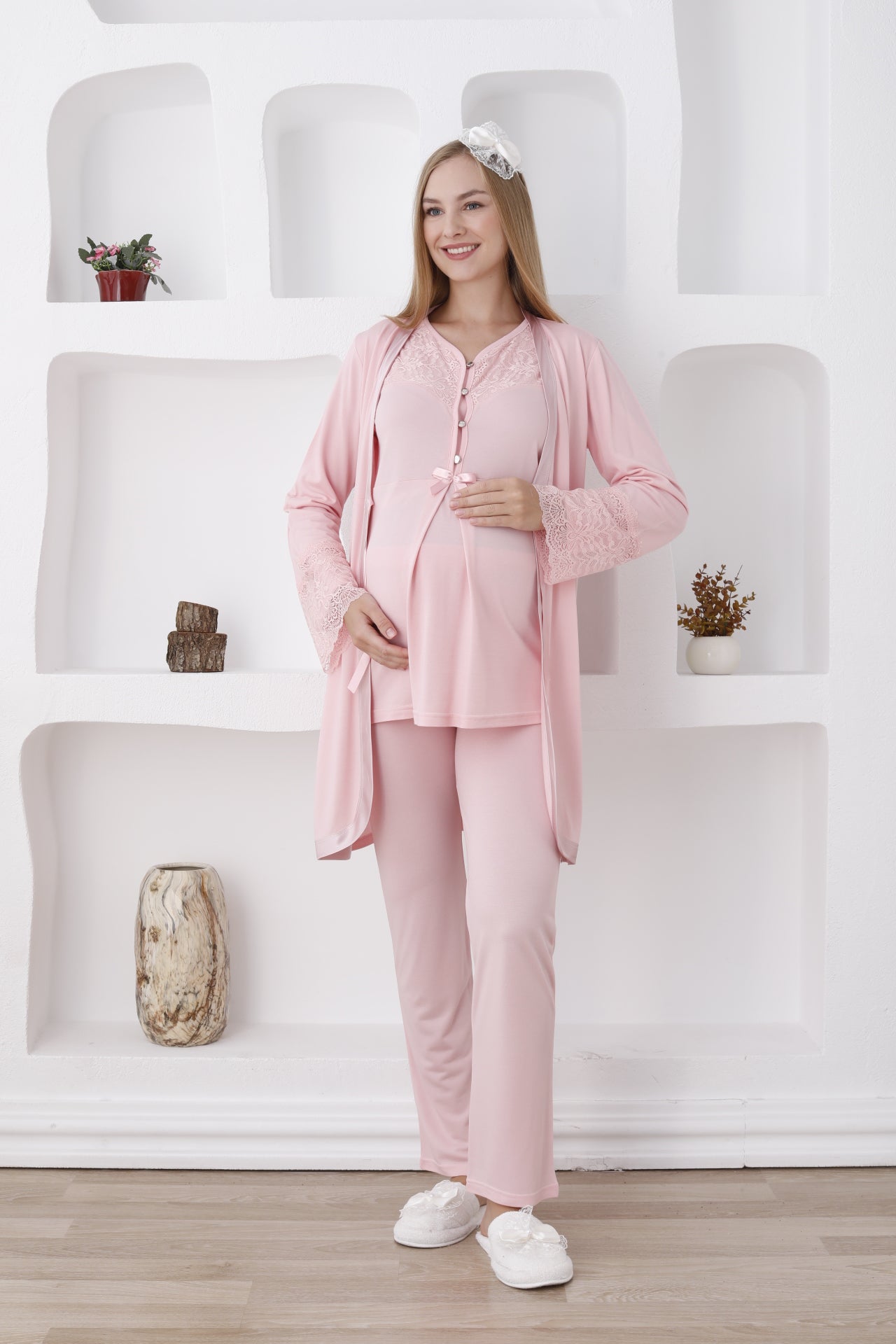 Uzun Kollu 7 Renk Hamile Pijama ve Sabahlık Takımı Dantelli - 3426