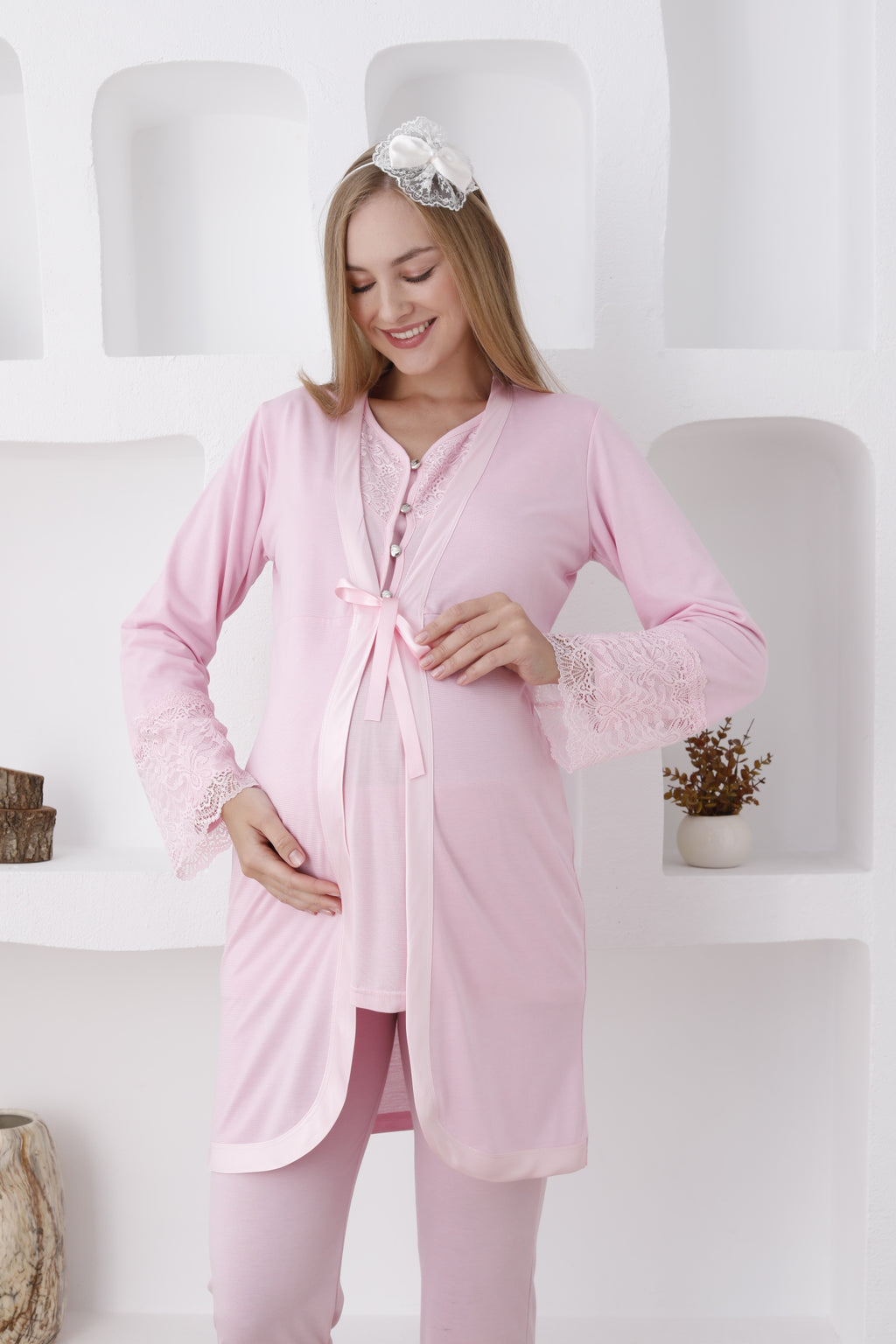Uzun Kollu 7 Renk Hamile Pijama ve Sabahlık Takımı Dantelli - 3426