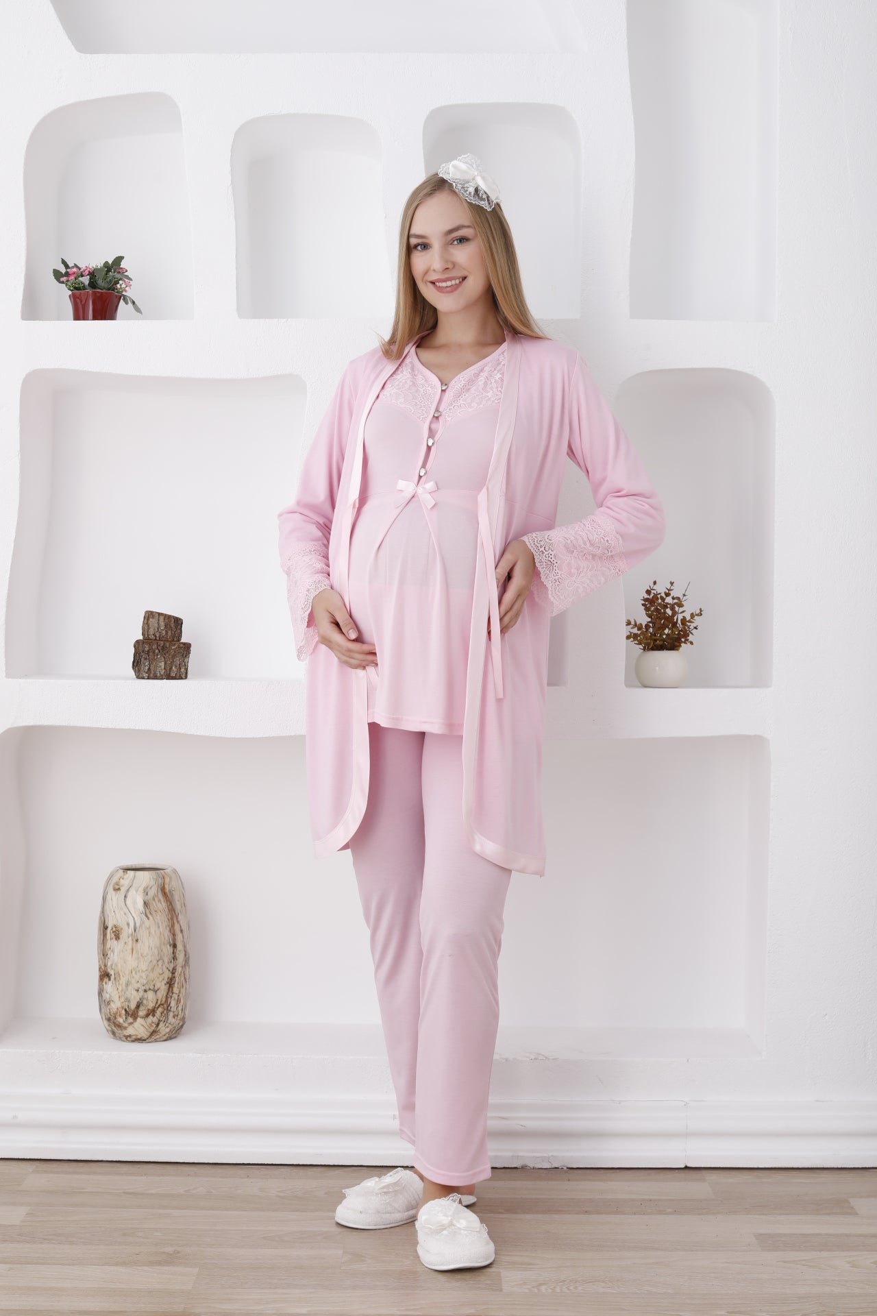 Uzun Kollu 7 Renk Hamile Pijama ve Sabahlık Takımı Dantelli - 3426