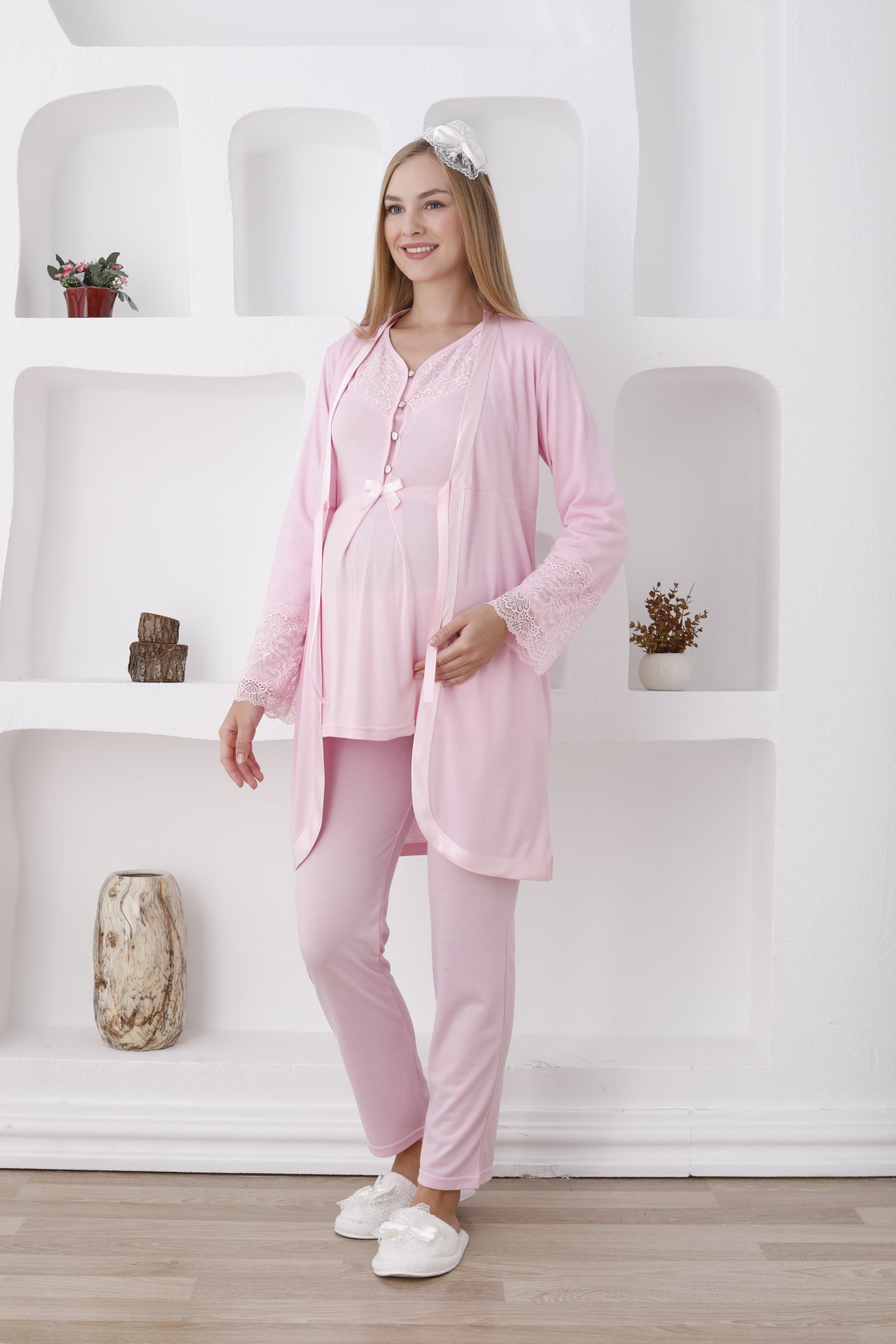 Hamile lohusa pijama ve sabahlık takımı uzun kol dantelli 12