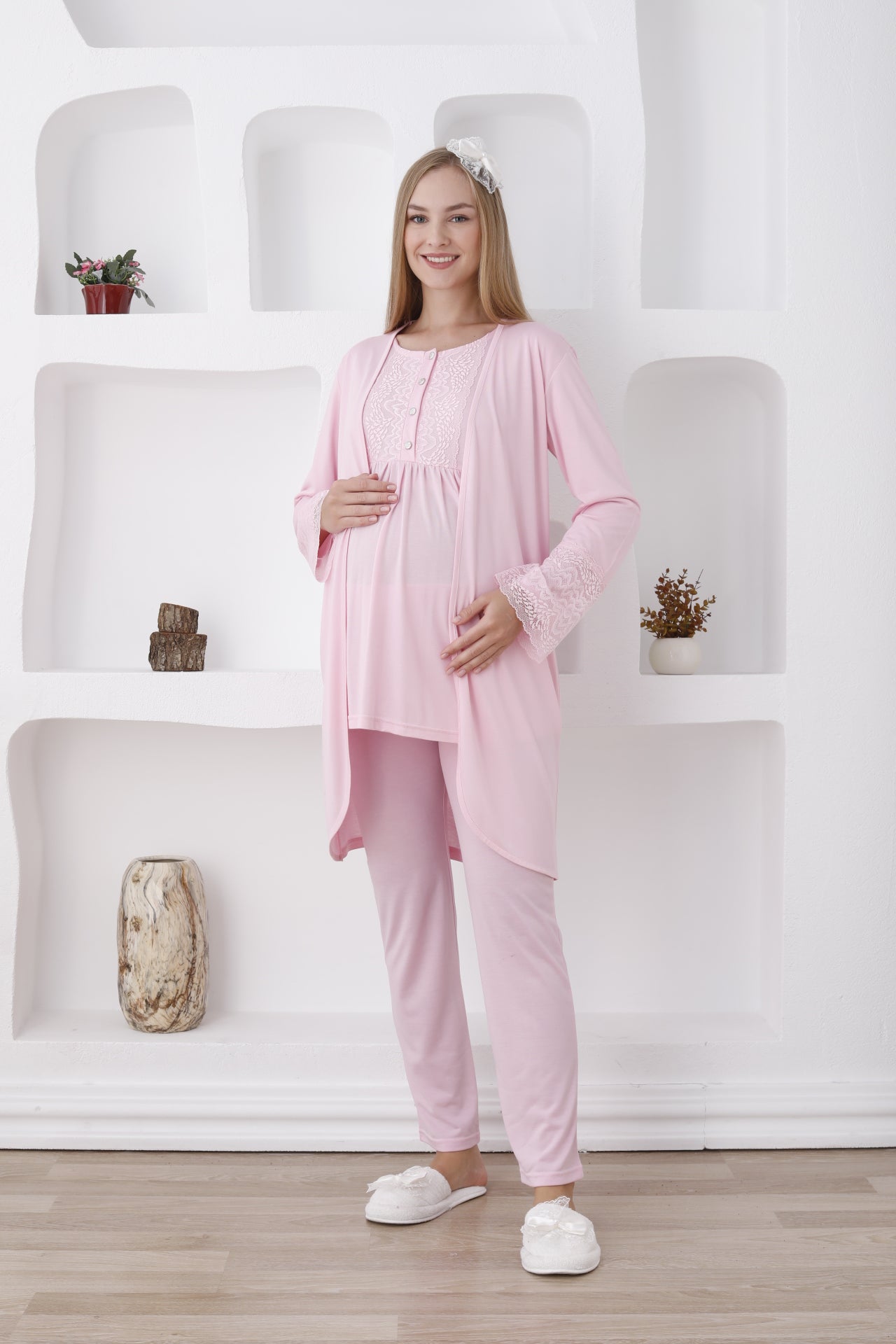 3'lü Hamile Lohusa Pijama Takımı/ Düğmeli Pijama Ve Sabahlıklı Takım - 3427