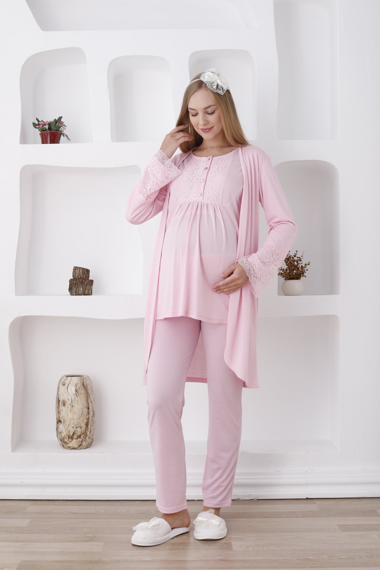 Hamile lohusa pijama ve sabahlık takımı önden düğmeli 3'lü 18