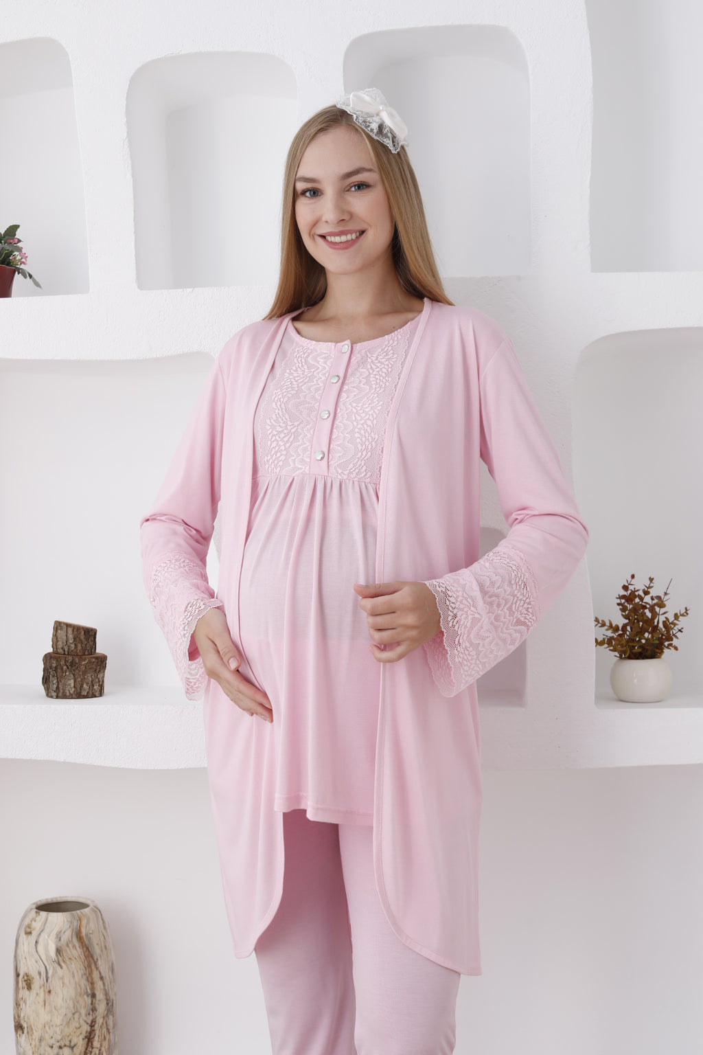 3'lü Hamile Lohusa Pijama Takımı/ Düğmeli Pijama Ve Sabahlıklı Takım - 3427