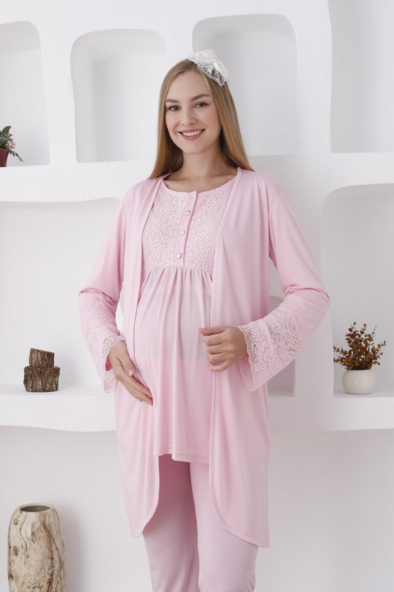 Hamile lohusa pijama ve sabahlık takımı önden düğmeli 3'lü 19